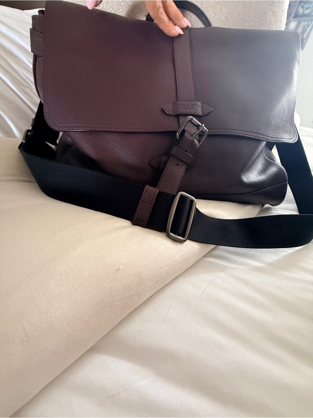 Coach deep purple  Leather Messenger Bag with Black Strap
